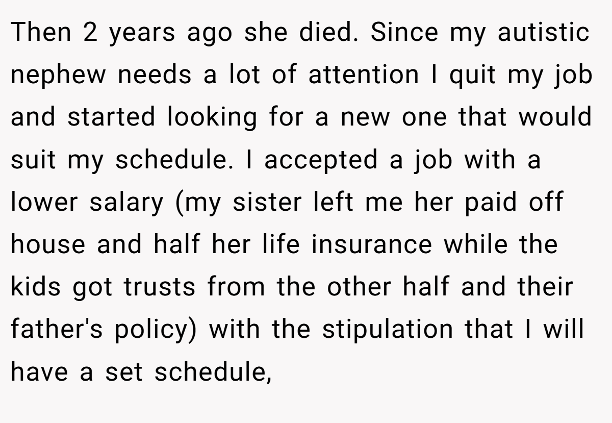 Then 2 years ago she died. Since my autistic nephew needs a lot of attention I quit my job and started looking for a new one that would suit my schedule. I accepted a job with a lower salary (my sister left me her paid off house and half her life insurance while the kids got trusts from the other half and their father's policy) with the stipulation that I will have a set schedule,