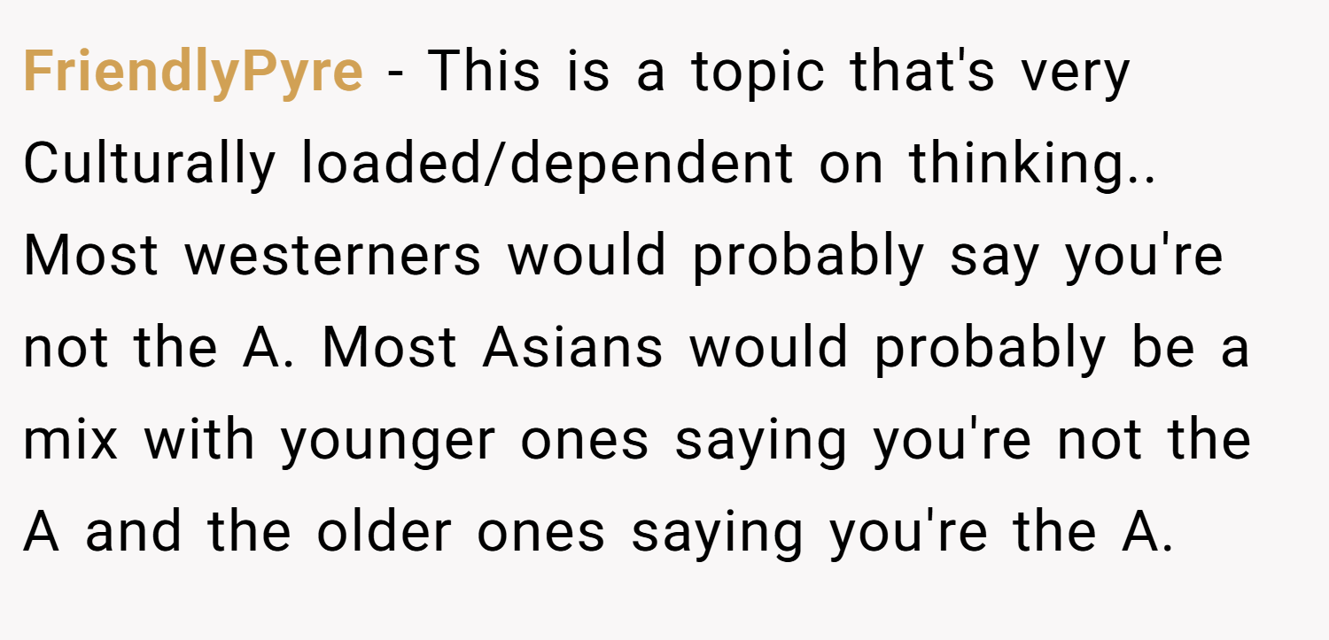 FriendlyPyre − This is a topic that's very Culturally loaded/dependent on thinking.. Most westerners would probably say you're not the A. Most Asians would probably be a mix with younger ones saying you're not the A and the older ones saying you're the A.