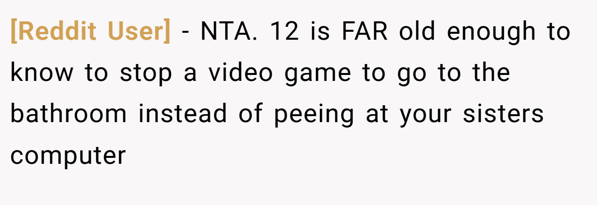 [Reddit User] − NTA. 12 is FAR old enough to know to stop a video game to go to the bathroom instead of peeing at your sisters computer