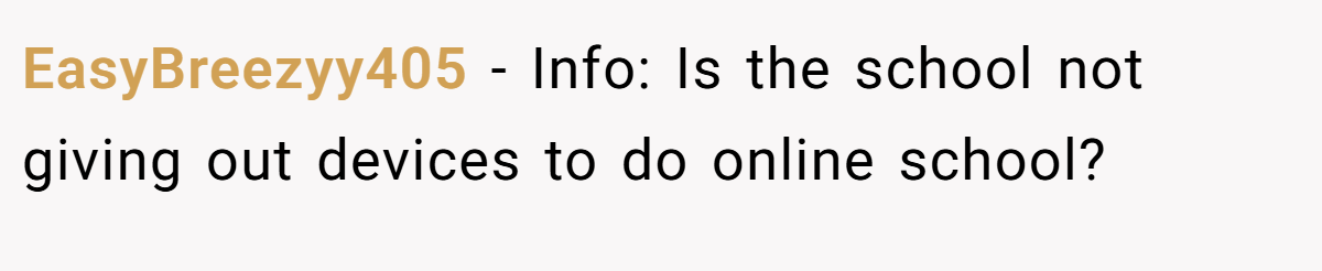 EasyBreezyy405 − Info: Is the school not giving out devices to do online school?