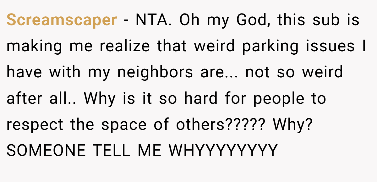 Screamscaper − NTA. Oh my God, this sub is making me realize that weird parking issues I have with my neighbors are... not so weird after all.. Why is it so hard for people to respect the space of others????? Why? SOMEONE TELL ME WHYYYYYYYY