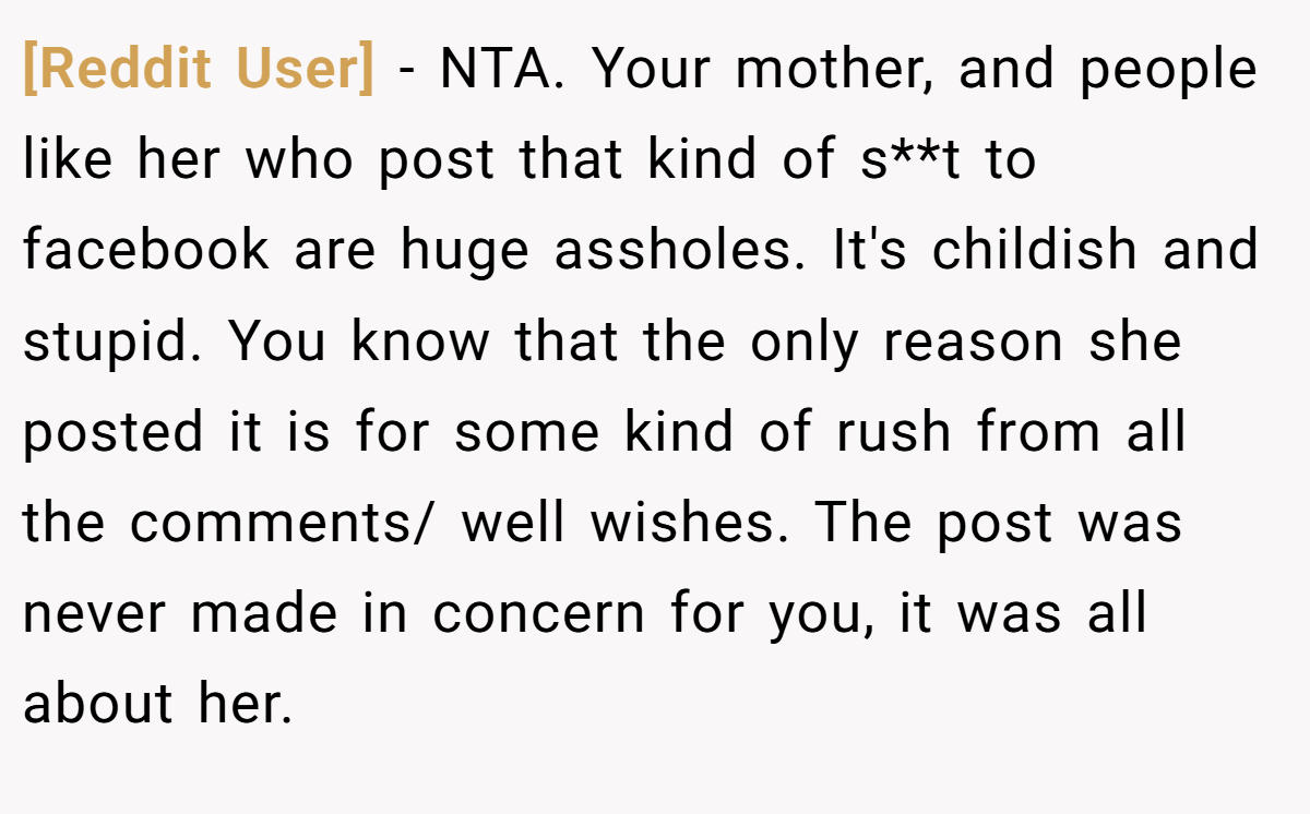 [Reddit User] - NTA. Your mother, and people like her who post that kind of s**t to facebook are huge assholes. It's childish and stupid. You know that the only reason she posted it is for some kind of rush from all the comments/ well wishes. The post was never made in concern for you, it was all about her.