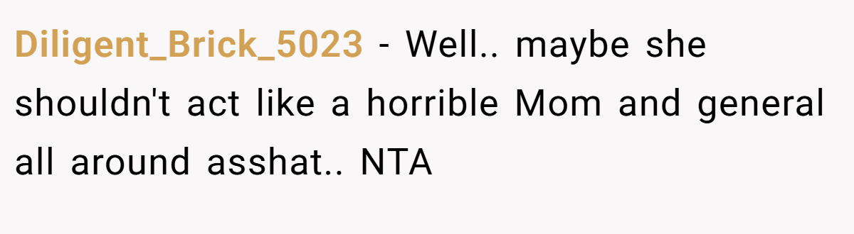 Diligent_Brick_5023 − Well.. maybe she shouldn't act like a horrible Mom and general all around asshat.. NTA