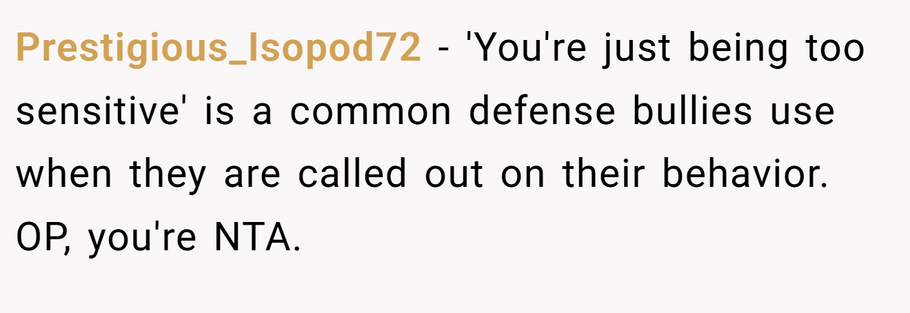 Prestigious_Isopod72 − 'You're just being too sensitive' is a common defense bullies use when they are called out on their behavior. OP, you're NTA.