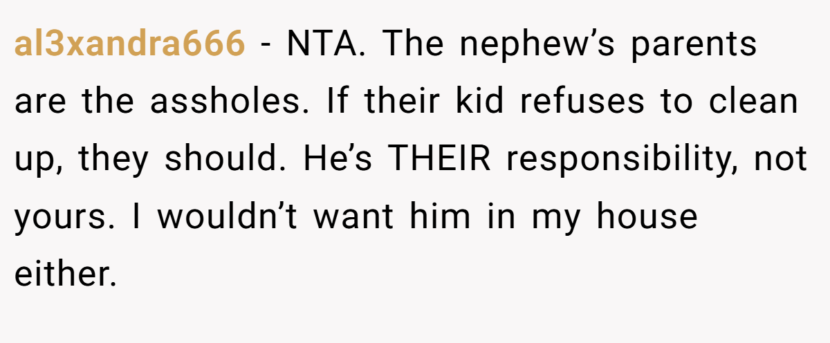 al3xandra666 - NTA. The nephew’s parents are the assholes. If their kid refuses to clean up, they should. He’s THEIR responsibility, not yours. I wouldn’t want him in my house either.
