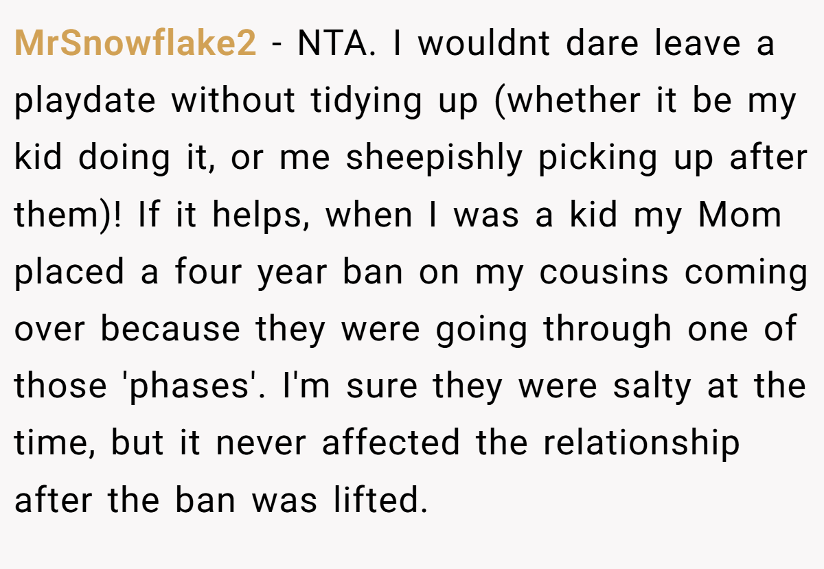 MrSnowflake2 - NTA. I wouldnt dare leave a playdate without tidying up (whether it be my kid doing it, or me sheepishly picking up after them)! If it helps, when I was a kid my Mom placed a four year ban on my cousins coming over because they were going through one of those 'phases'. I'm sure they were salty at the time, but it never affected the relationship after the ban was lifted.