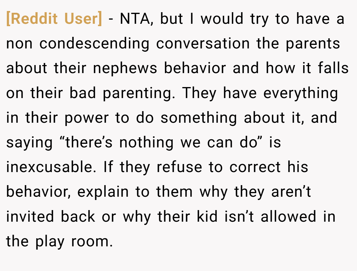 [Reddit User] - NTA, but I would try to have a non condescending conversation the parents about their nephews behavior and how it falls on their bad parenting. They have everything in their power to do something about it, and saying “there’s nothing we can do” is inexcusable. If they refuse to correct his behavior, explain to them why they aren’t invited back or why their kid isn’t allowed in the play room.
