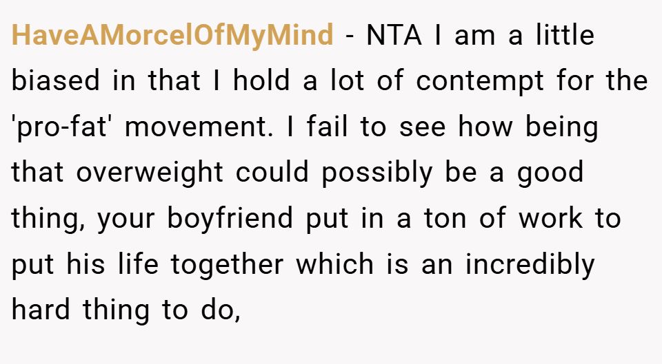 HaveAMorcelOfMyMind − NTA I am a little biased in that I hold a lot of contempt for the 'pro-fat' movement. I fail to see how being that overweight could possibly be a good thing, your boyfriend put in a ton of work to put his life together which is an incredibly hard thing to do,