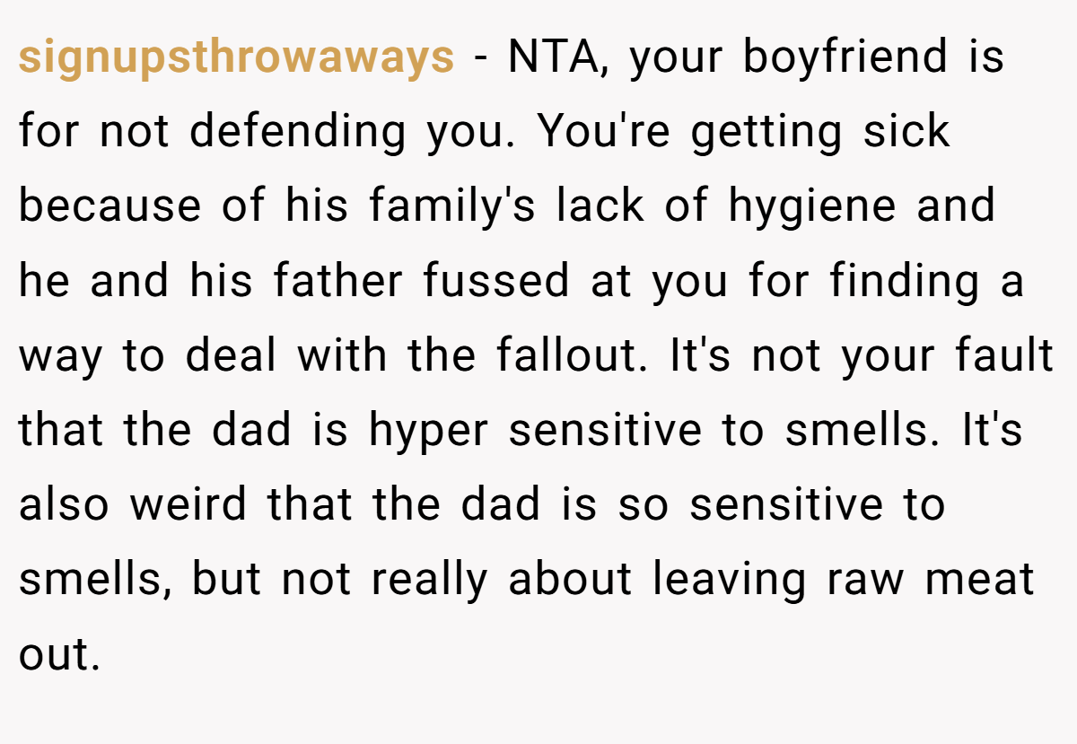 signupsthrowaways − NTA, your boyfriend is for not defending you. You're getting sick because of his family's lack of hygiene and he and his father fussed at you for finding a way to deal with the fallout. It's not your fault that the dad is hyper sensitive to smells. It's also weird that the dad is so sensitive to smells, but not really about leaving raw meat out.