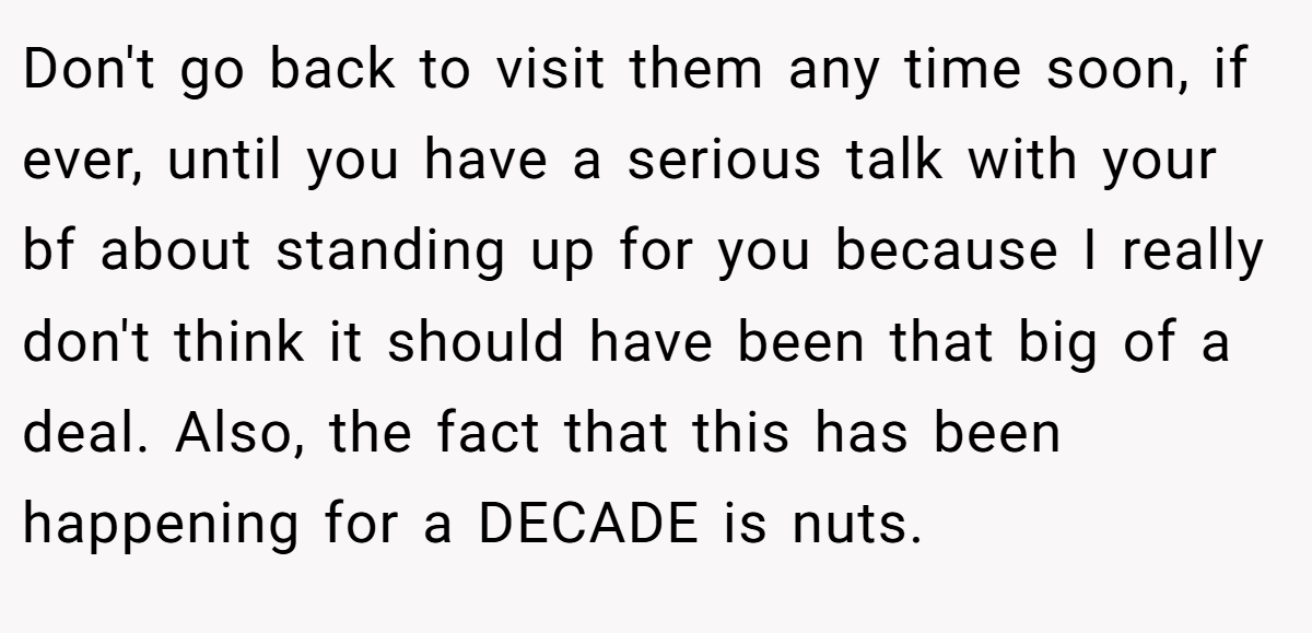 Don't go back to visit them any time soon, if ever, until you have a serious talk with your bf about standing up for you because I really don't think it should have been that big of a deal. Also, the fact that this has been happening for a DECADE is nuts.