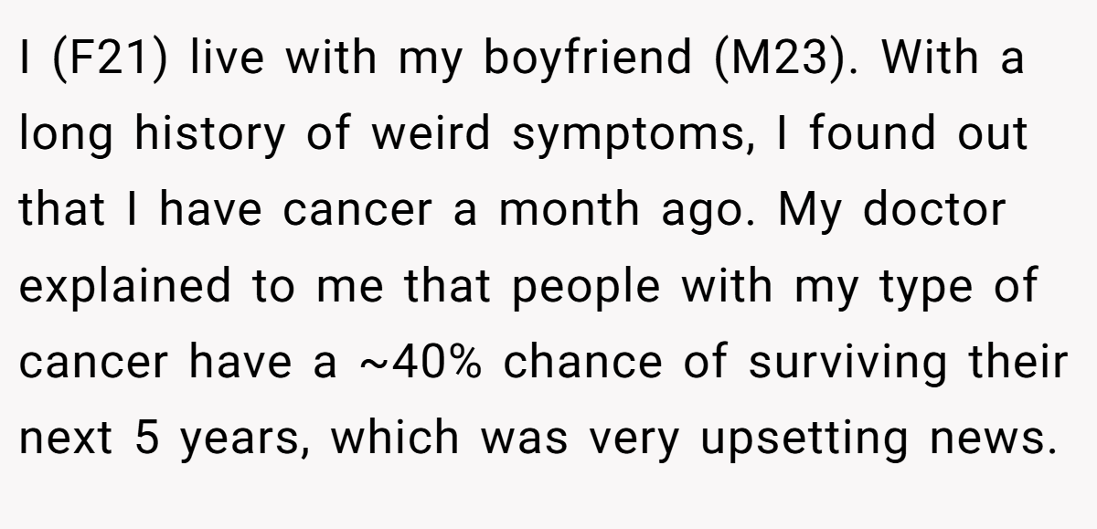 I (F21) live with my boyfriend (M23). With a long history of weird symptoms, I found out that I have cancer a month ago. My doctor explained to me that people with my type of cancer have a ~40% chance of surviving their next 5 years, which was very upsetting news.