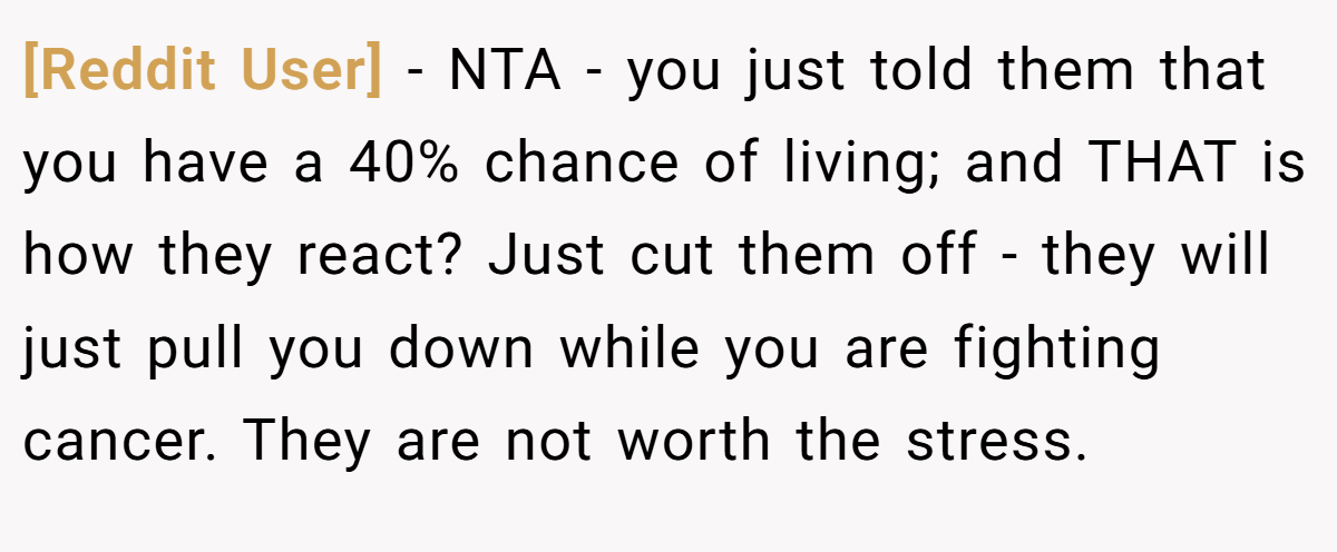 [Reddit User] − NTA - you just told them that you have a 40% chance of living; and THAT is how they react? Just cut them off - they will just pull you down while you are fighting cancer. They are not worth the stress.