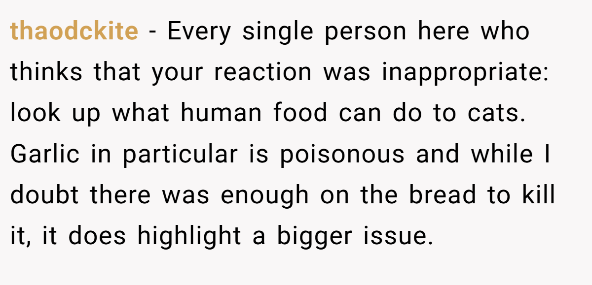thaodckite − Every single person here who thinks that your reaction was inappropriate: look up what human food can do to cats. Garlic in particular is poisonous and while I doubt there was enough on the bread to kill it, it does highlight a bigger issue.