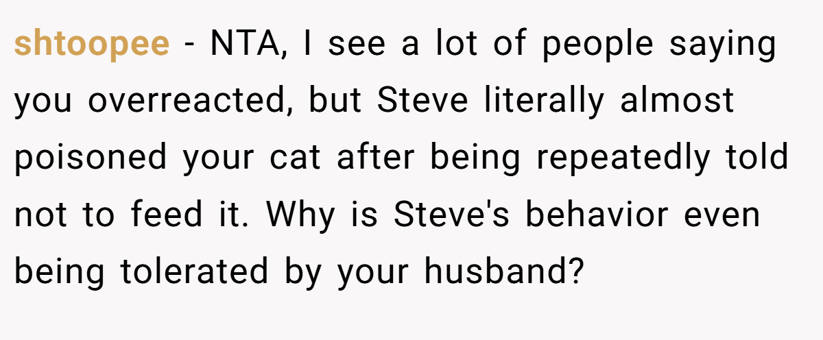shtoopee − NTA, I see a lot of people saying you overreacted, but Steve literally almost poisoned your cat after being repeatedly told not to feed it. Why is Steve's behavior even being tolerated by your husband?