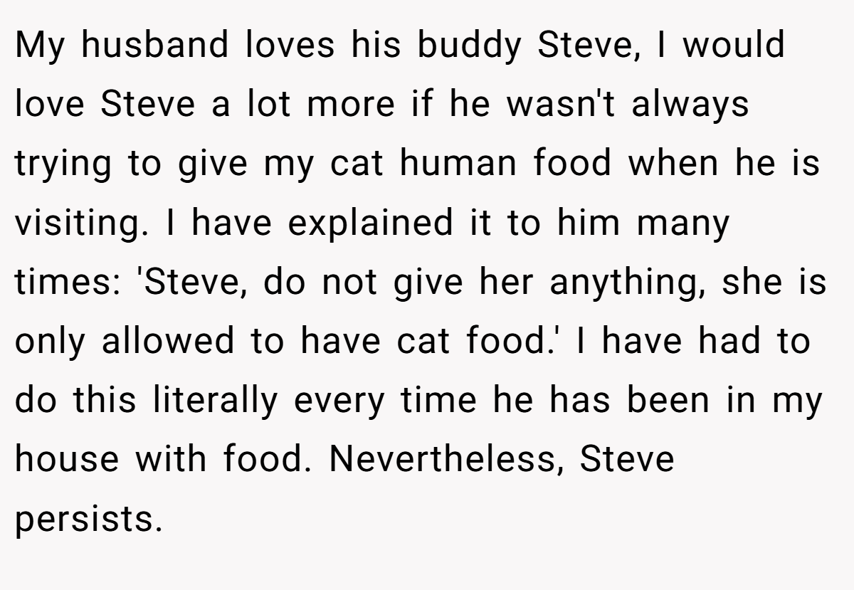 My husband loves his buddy Steve, I would love Steve a lot more if he wasn't always trying to give my cat human food when he is visiting. I have explained it to him many times: 'Steve, do not give her anything, she is only allowed to have cat food.' I have had to do this literally every time he has been in my house with food. Nevertheless, Steve persists.