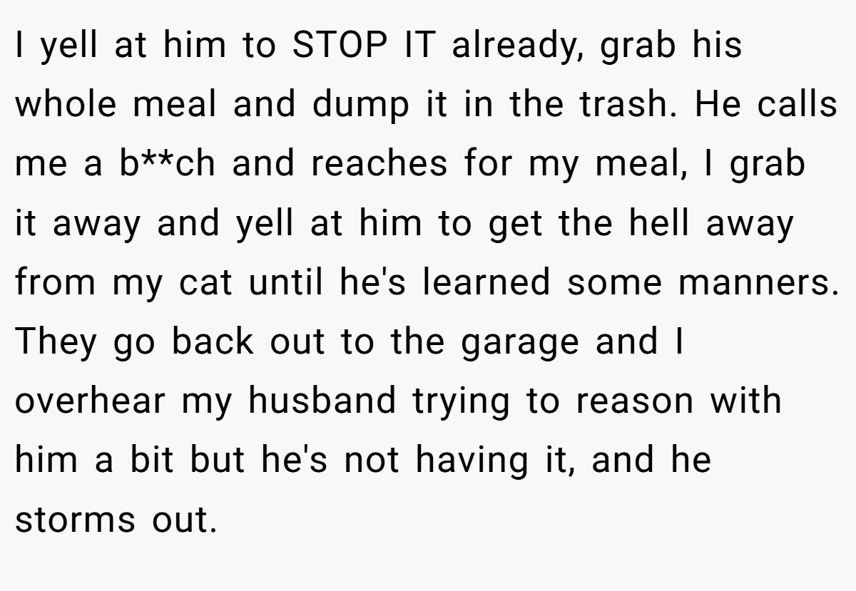 I yell at him to STOP IT already, grab his whole meal and dump it in the trash. He calls me a b**ch and reaches for my meal, I grab it away and yell at him to get the hell away from my cat until he's learned some manners. They go back out to the garage and I overhear my husband trying to reason with him a bit but he's not having it, and he storms out.