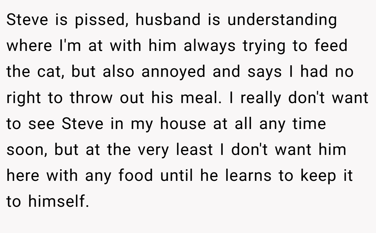 Steve is pissed, husband is understanding where I'm at with him always trying to feed the cat, but also annoyed and says I had no right to throw out his meal. I really don't want to see Steve in my house at all any time soon, but at the very least I don't want him here with any food until he learns to keep it to himself.