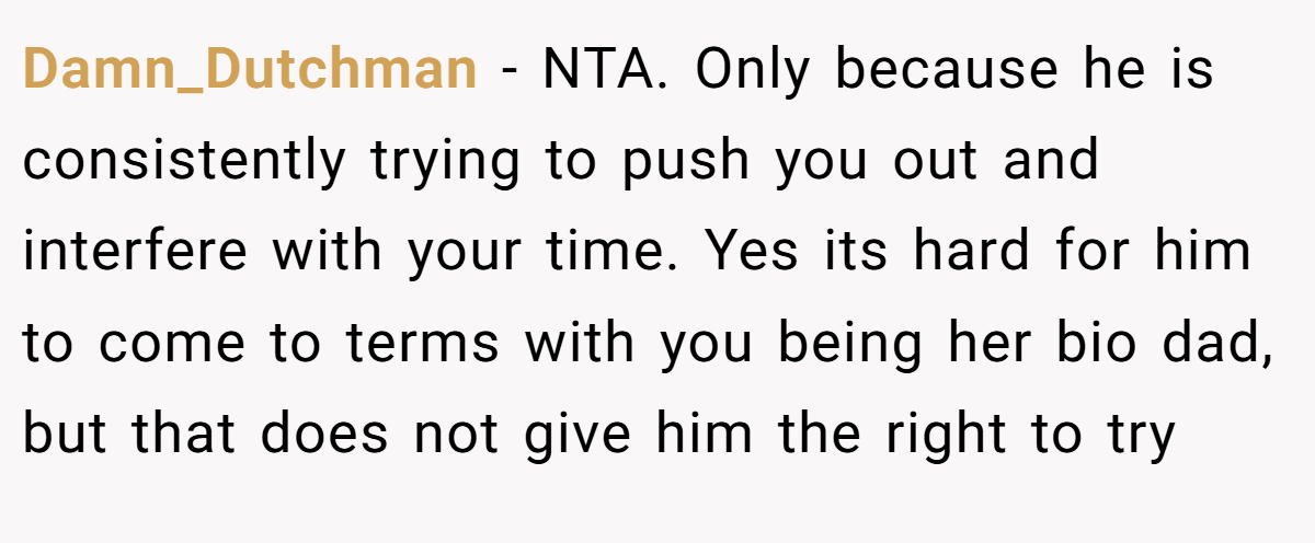 Damn_Dutchman - NTA. Only because he is consistently trying to push you out and interfere with your time. Yes its hard for him to come to terms with you being her bio dad, but that does not give him the right to try
