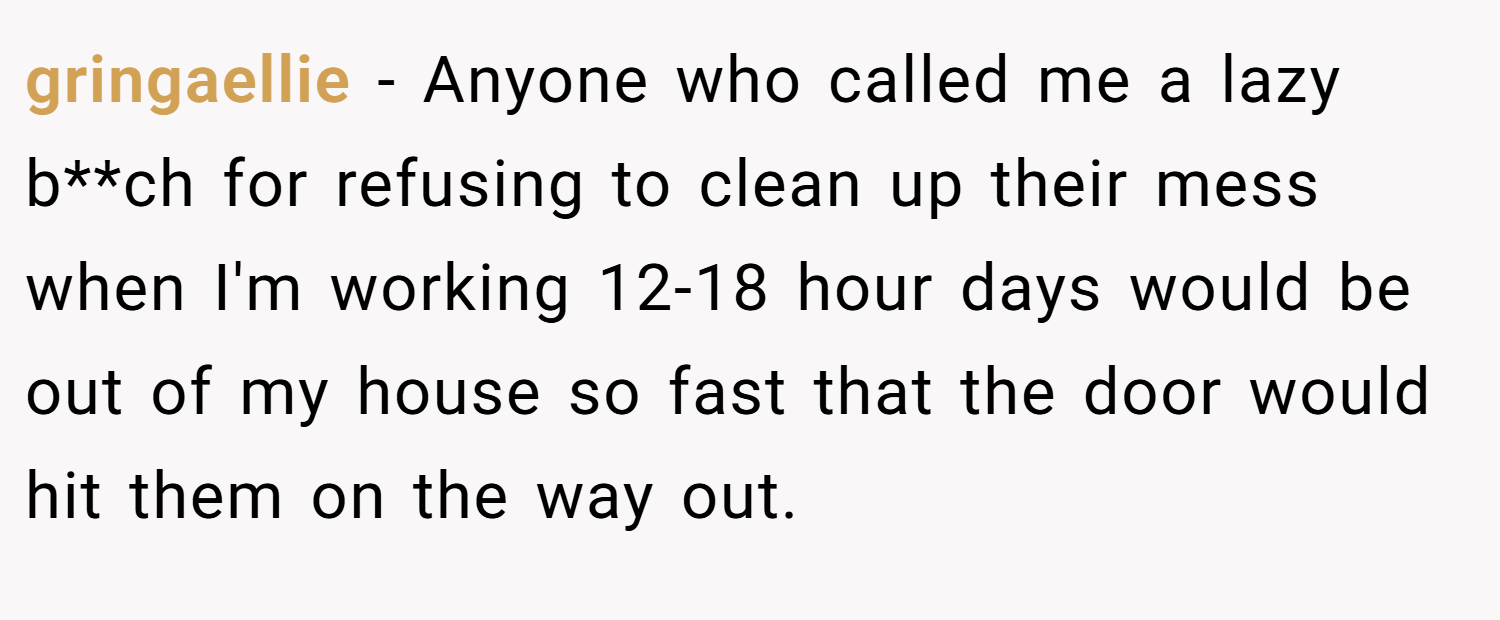gringaellie − Anyone who called me a lazy b**ch for refusing to clean up their mess when I'm working 12-18 hour days would be out of my house so fast that the door would hit them on the way out.
