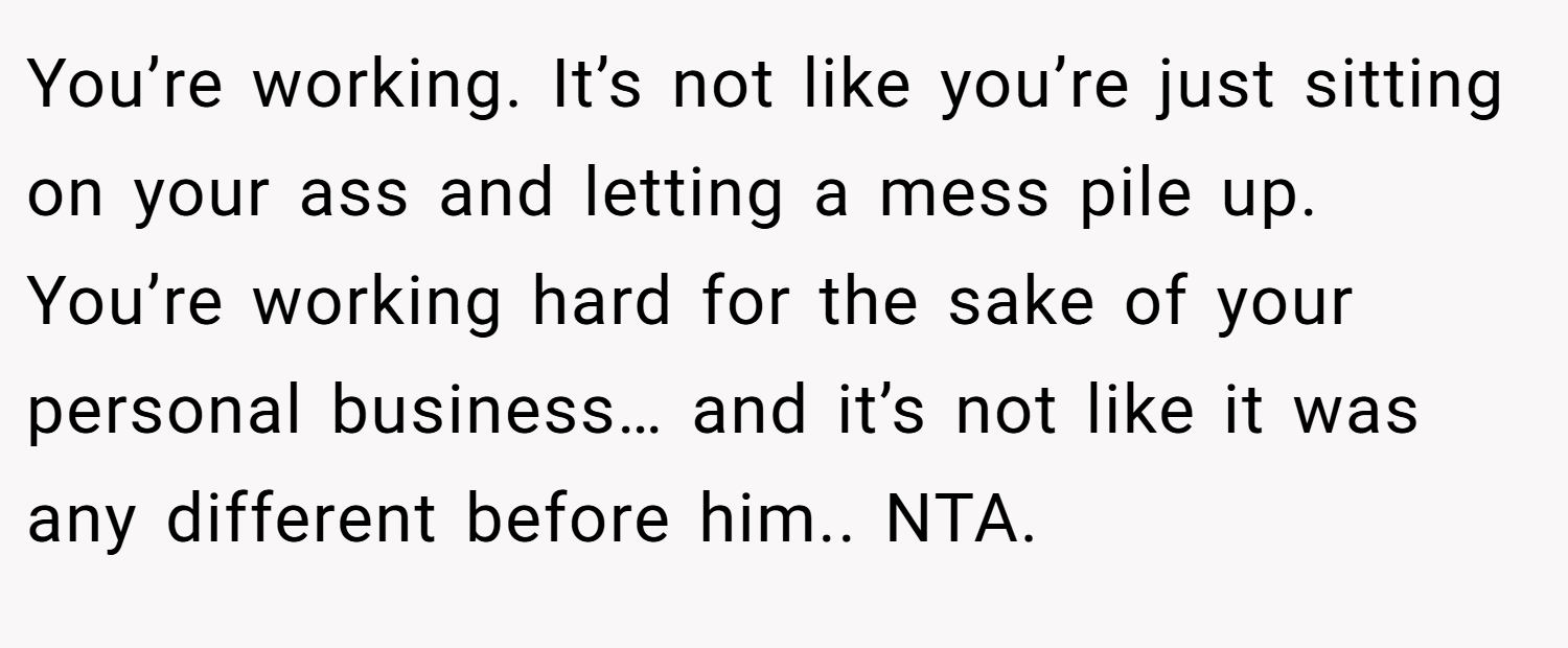 You’re working. It’s not like you’re just sitting on your ass and letting a mess pile up. You’re working hard for the sake of your personal business… and it’s not like it was any different before him.. NTA.