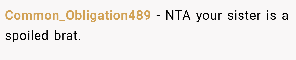 Common_Obligation489 − NTA your sister is a spoiled brat.