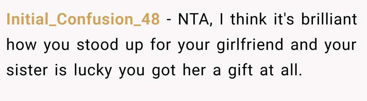 Initial_Confusion_48 − NTA, I think it's brilliant how you stood up for your girlfriend and your sister is lucky you got her a gift at all.