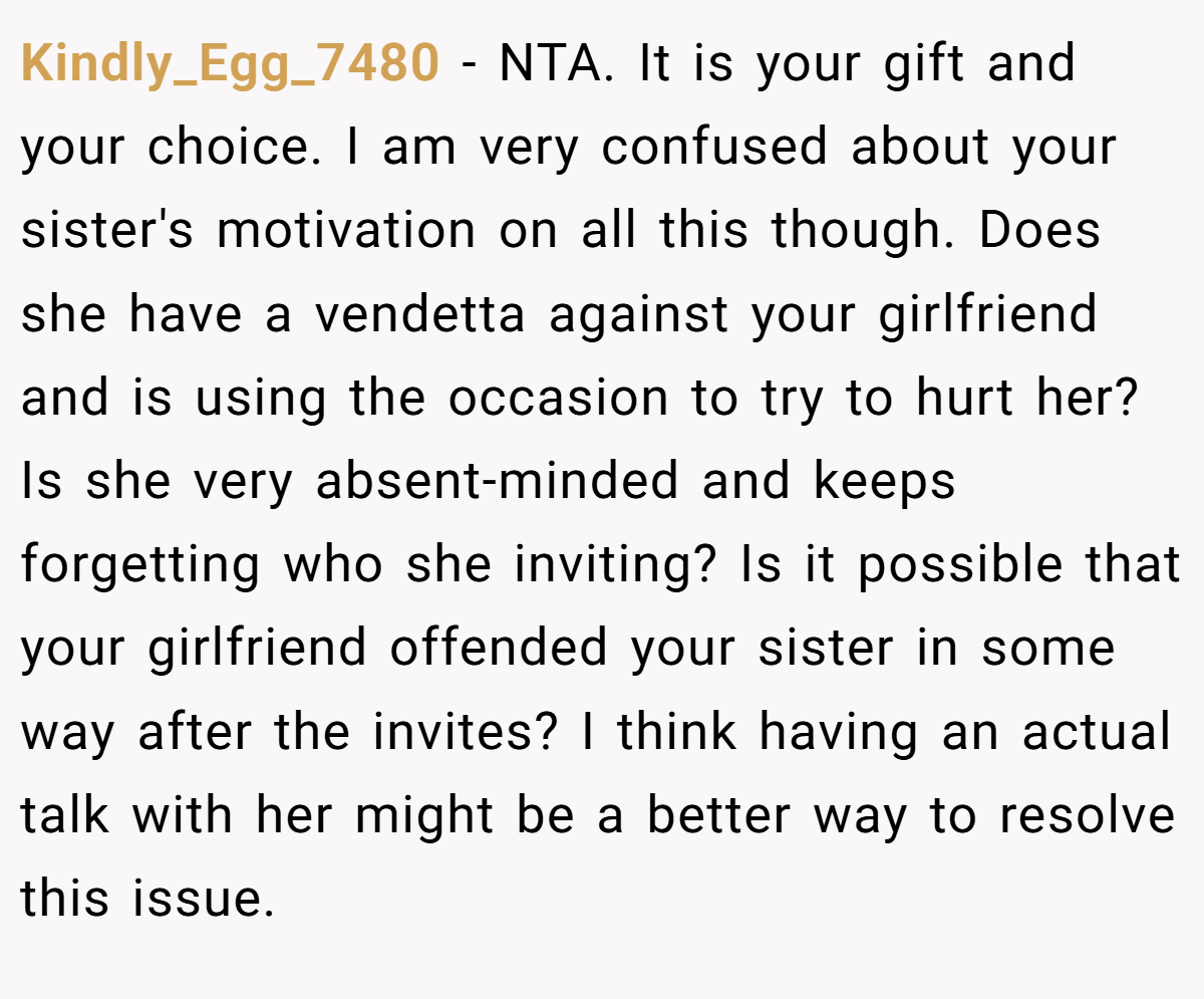 Kindly_Egg_7480 − NTA. It is your gift and your choice. I am very confused about your sister's motivation on all this though. Does she have a vendetta against your girlfriend and is using the occasion to try to hurt her? Is she very absent-minded and keeps forgetting who she inviting? Is it possible that your girlfriend offended your sister in some way after the invites? I think having an actual talk with her might be a better way to resolve this issue.