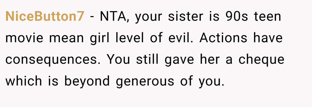 NiceButton7 − NTA, your sister is 90s teen movie mean girl level of evil. Actions have consequences. You still gave her a cheque which is beyond generous of you.