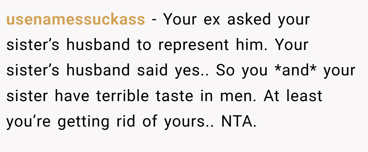 usenamessuckass - Your ex asked your sister’s husband to represent him. Your sister’s husband said yes.. So you *and* your sister have terrible taste in men. At least you’re getting rid of yours.. NTA.