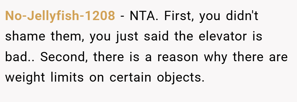 No-Jellyfish-1208 − NTA. First, you didn't shame them, you just said the elevator is bad.. Second, there is a reason why there are weight limits on certain objects.