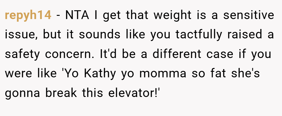 repyh14 − NTA I get that weight is a sensitive issue, but it sounds like you tactfully raised a safety concern. It'd be a different case if you were like 'Yo Kathy yo momma so fat she's gonna break this elevator!'