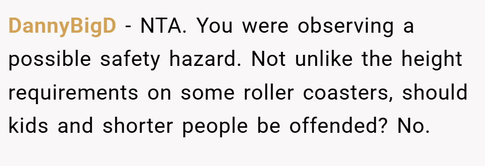 DannyBigD − NTA. You were observing a possible safety hazard. Not unlike the height requirements on some roller coasters, should kids and shorter people be offended? No.