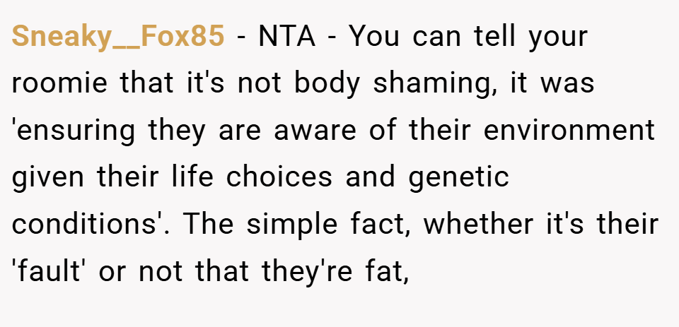 Sneaky__Fox85 − NTA - You can tell your roomie that it's not body shaming, it was 'ensuring they are aware of their environment given their life choices and genetic conditions'. The simple fact, whether it's their 'fault' or not that they're fat,