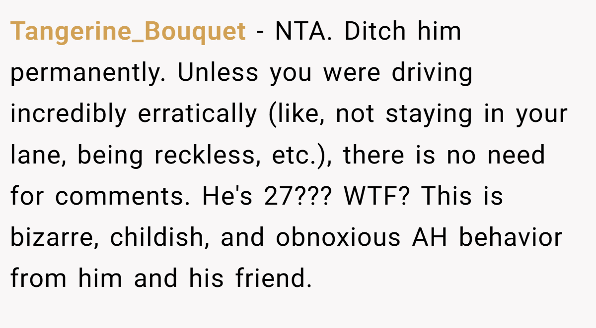 Tangerine_Bouquet − NTA. Ditch him permanently. Unless you were driving incredibly erratically (like, not staying in your lane, being reckless, etc.), there is no need for comments. He's 27??? WTF? This is bizarre, childish, and obnoxious AH behavior from him and his friend.