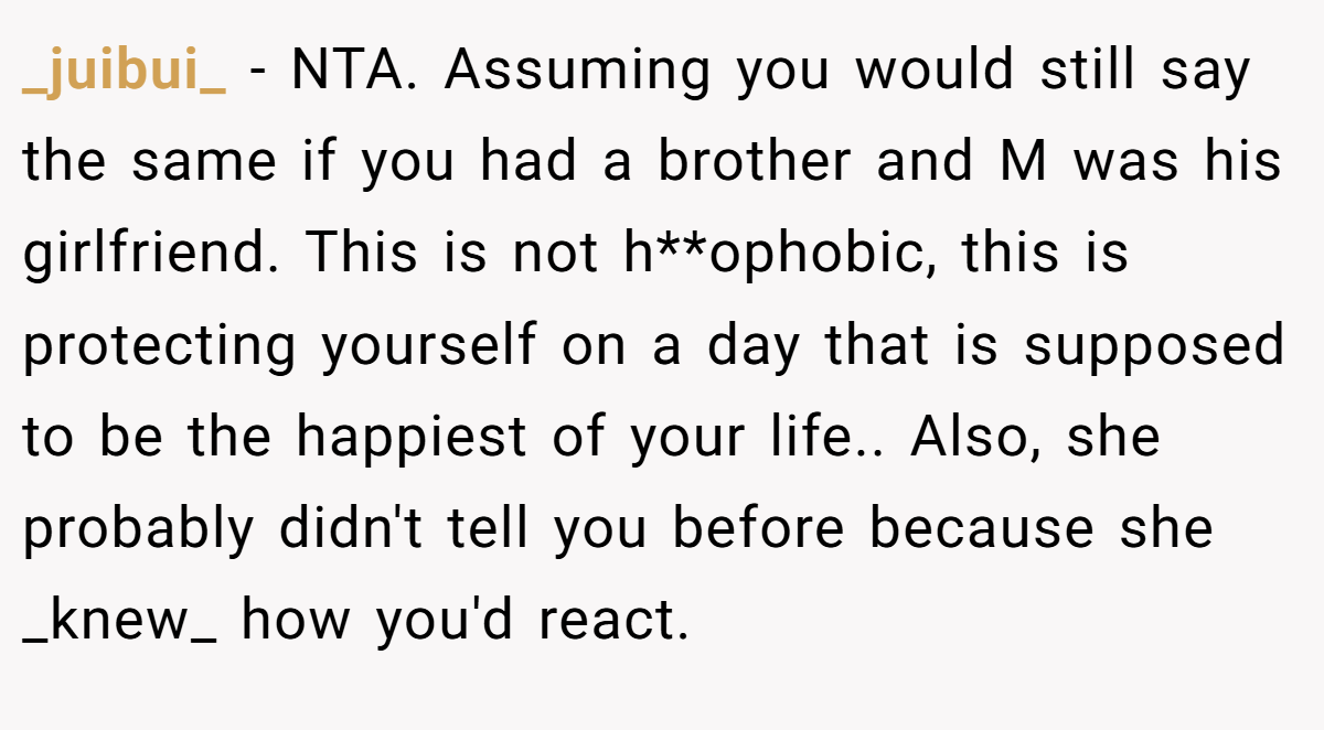 _juibui_ − NTA. Assuming you would still say the same if you had a brother and M was his girlfriend. This is not h**ophobic, this is protecting yourself on a day that is supposed to be the happiest of your life.. Also, she probably didn't tell you before because she _knew_ how you'd react.