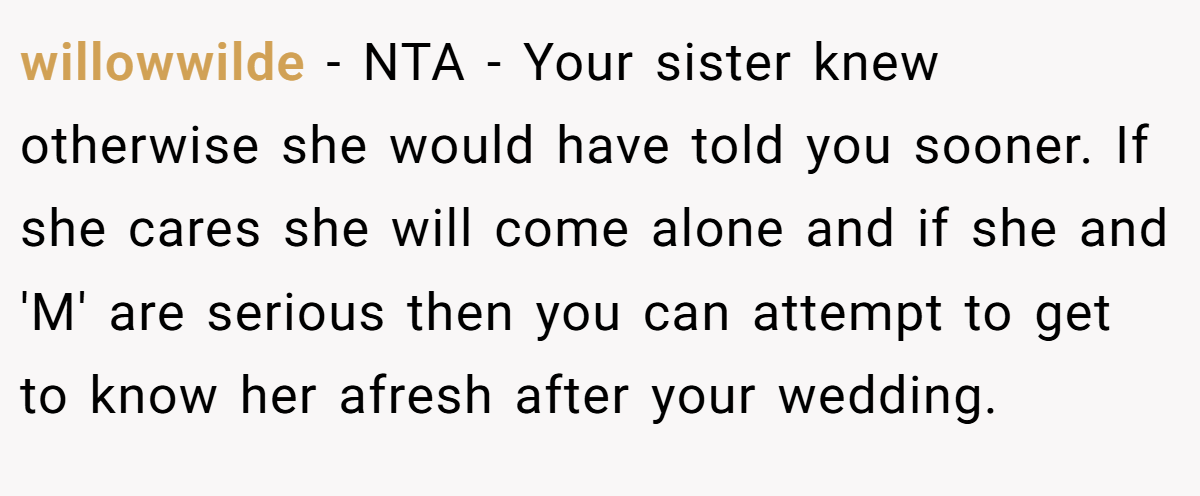 willowwilde − NTA - Your sister knew otherwise she would have told you sooner. If she cares she will come alone and if she and 'M' are serious then you can attempt to get to know her afresh after your wedding.