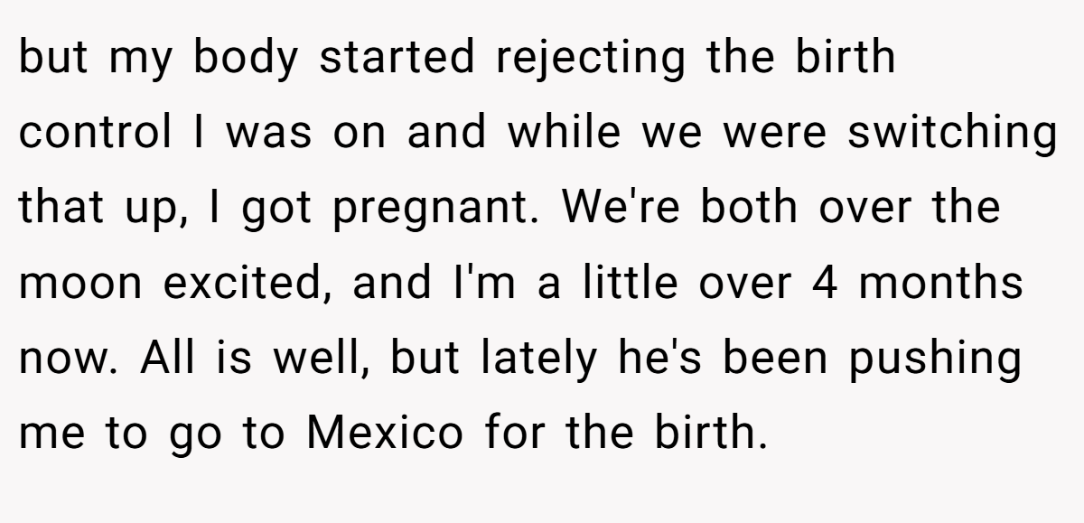 but my body started rejecting the birth control I was on and while we were switching that up, I got pregnant. We're both over the moon excited, and I'm a little over 4 months now. All is well, but lately he's been pushing me to go to Mexico for the birth.