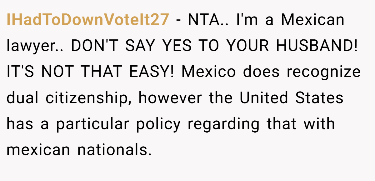 IHadToDownVoteIt27 - NTA.. I'm a Mexican lawyer.. DON'T SAY YES TO YOUR HUSBAND! IT'S NOT THAT EASY! Mexico does recognize dual citizenship, however the United States has a particular policy regarding that with mexican nationals.