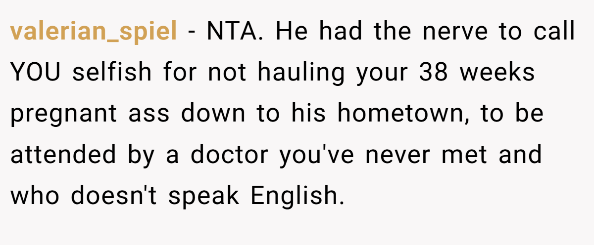 valerian_spiel - NTA. He had the nerve to call YOU selfish for not hauling your 38 weeks pregnant ass down to his hometown, to be attended by a doctor you've never met and who doesn't speak English.