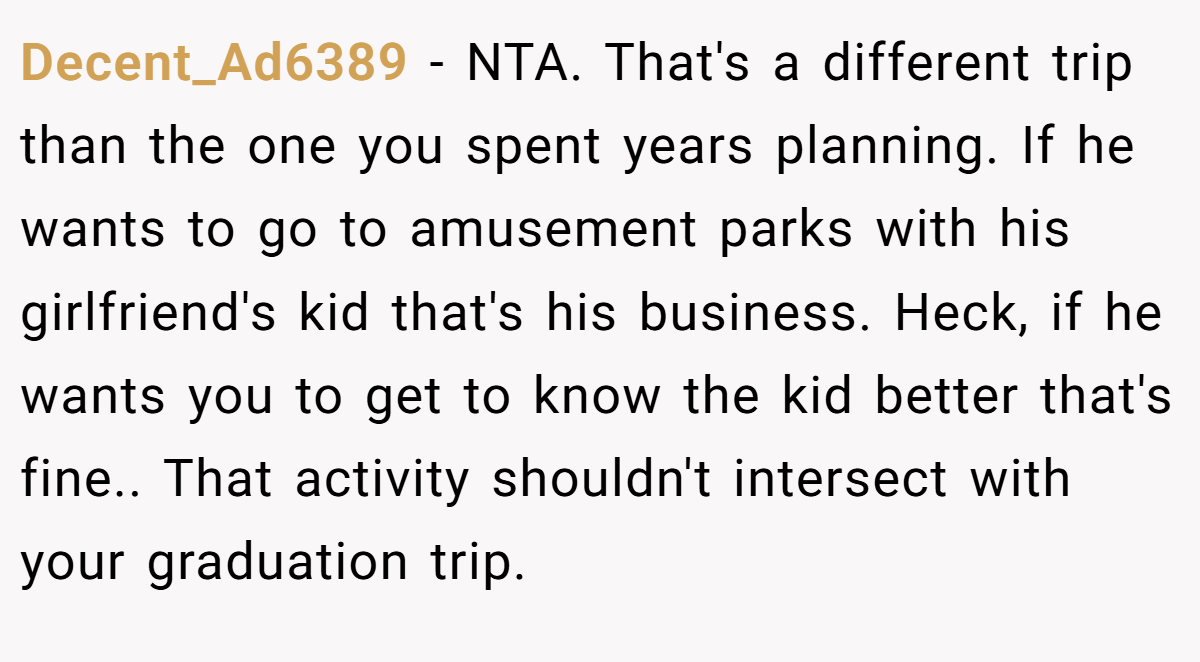 Decent_Ad6389 − NTA. That's a different trip than the one you spent years planning. If he wants to go to amusement parks with his girlfriend's kid that's his business. Heck, if he wants you to get to know the kid better that's fine.. That activity shouldn't intersect with your graduation trip.