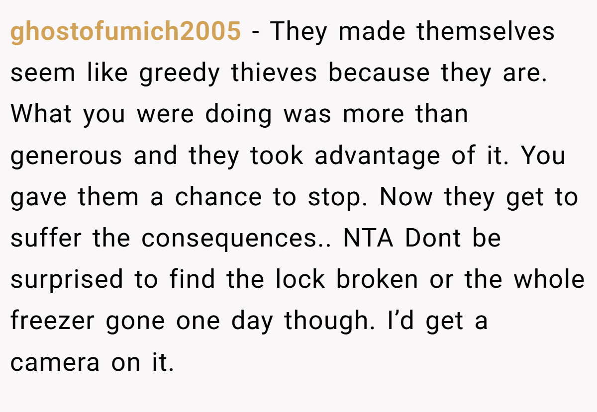 ghostofumich2005 − They made themselves seem like greedy thieves because they are. What you were doing was more than generous and they took advantage of it. You gave them a chance to stop. Now they get to suffer the consequences.. NTA Dont be surprised to find the lock broken or the whole freezer gone one day though. I’d get a camera on it.