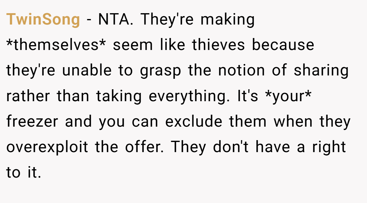 TwinSong − NTA. They're making *themselves* seem like thieves because they're unable to grasp the notion of sharing rather than taking everything. It's *your* freezer and you can exclude them when they overexploit the offer. They don't have a right to it.