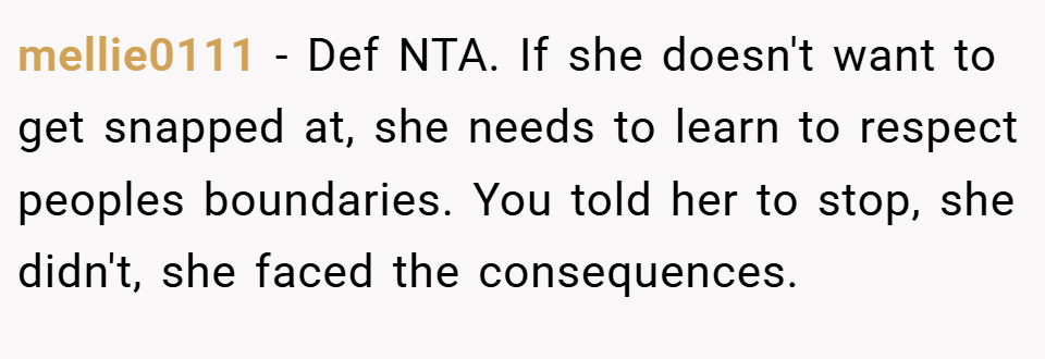 mellie0111 − Def NTA. If she doesn't want to get snapped at, she needs to learn to respect peoples boundaries. You told her to stop, she didn't, she faced the consequences.