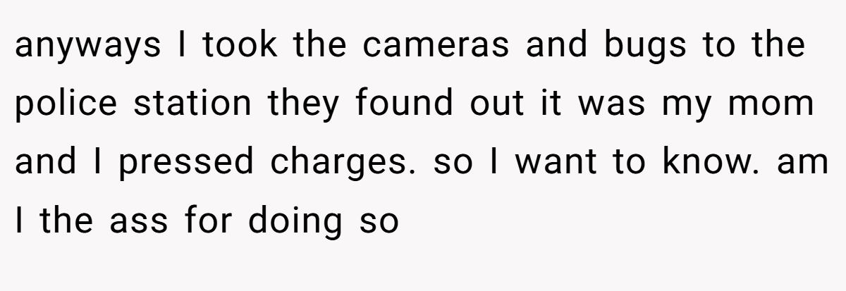anyways I took the cameras and bugs to the police station they found out it was my mom and I pressed charges. so I want to know. am I the ass for doing so