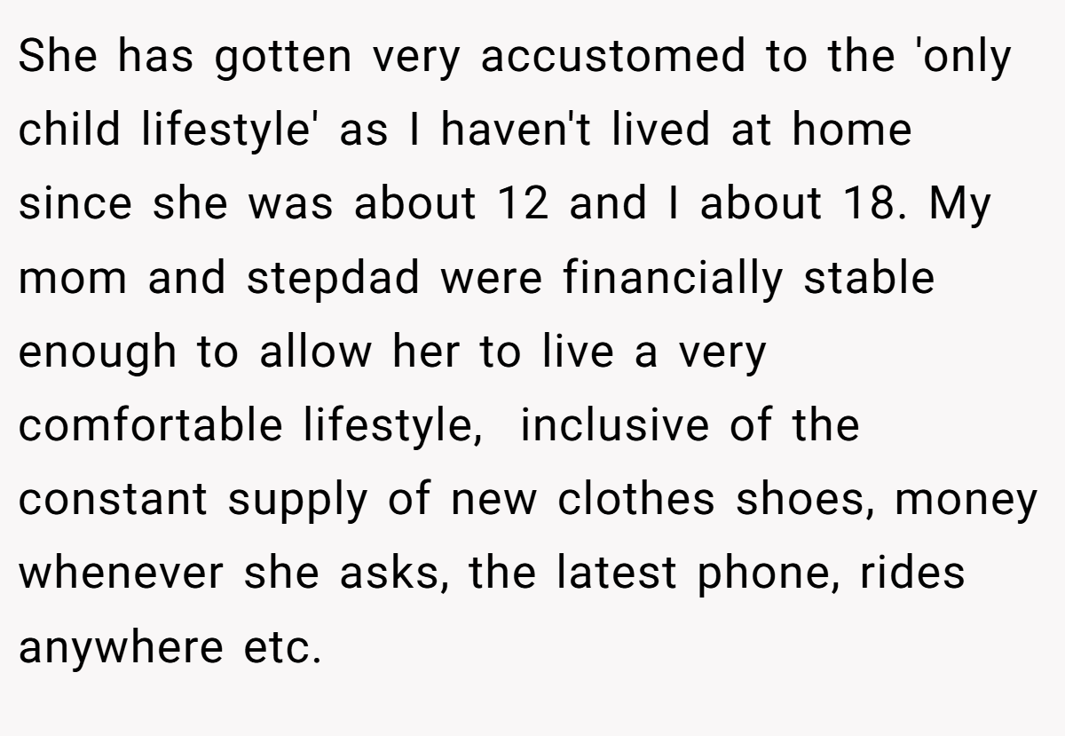 She has gotten very accustomed to the 'only child lifestyle' as I haven't lived at home since she was about 12 and I about 18. My mom and stepdad were financially stable enough to allow her to live a very comfortable lifestyle,  inclusive of the constant supply of new clothes shoes, money whenever she asks, the latest phone, rides anywhere etc.