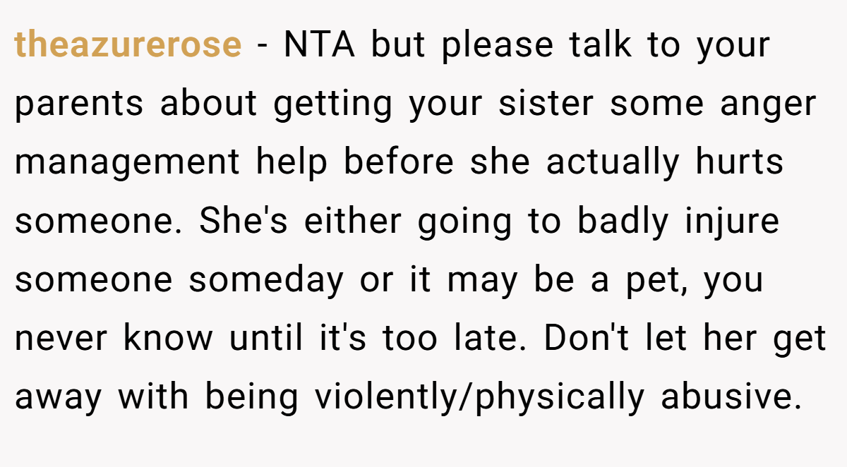 theazurerose - NTA but please talk to your parents about getting your sister some anger management help before she actually hurts someone. She's either going to badly injure someone someday or it may be a pet, you never know until it's too late. Don't let her get away with being violently/physically abusive.