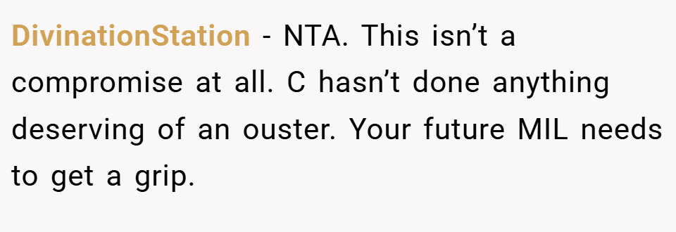DivinationStation − NTA. This isn’t a compromise at all. C hasn’t done anything deserving of an ouster. Your future MIL needs to get a grip.