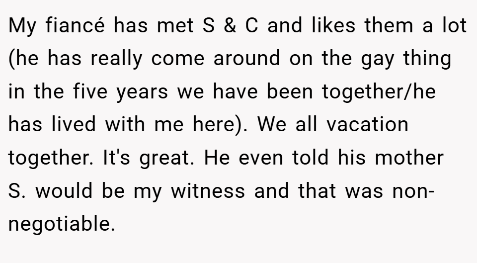 My fiancé has met S & C and likes them a lot (he has really come around on the gay thing in the five years we have been together/he has lived with me here). We all vacation together. It's great. He even told his mother S. would be my witness and that was non-negotiable.