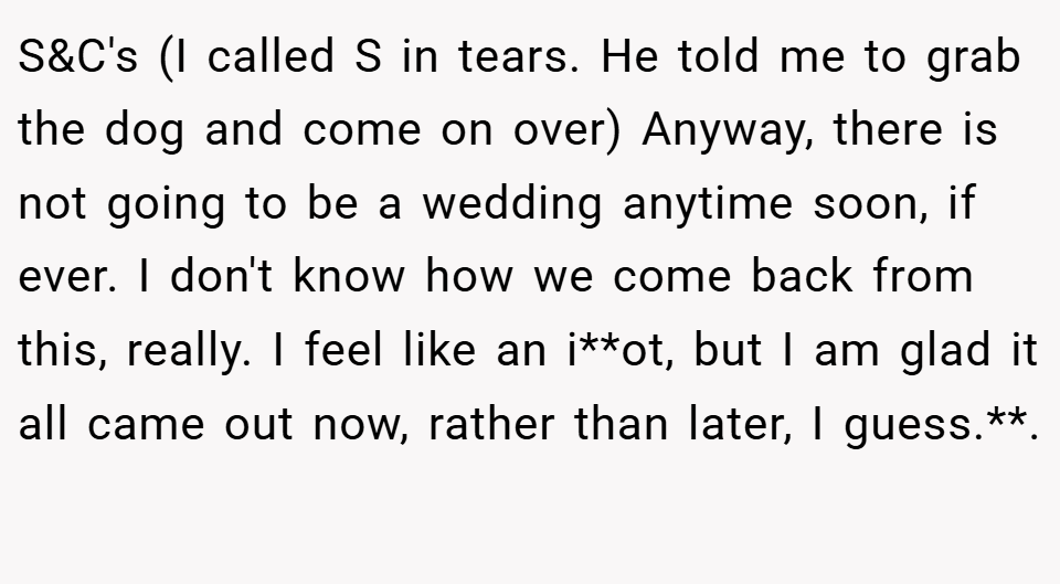 S&C's (I called S in tears. He told me to grab the dog and come on over) Anyway, there is not going to be a wedding anytime soon, if ever. I don't know how we come back from this, really. I feel like an i**ot, but I am glad it all came out now, rather than later, I guess.**. ​