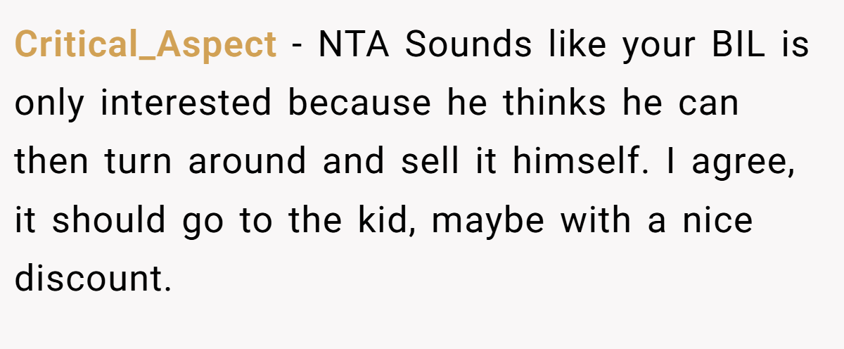 Critical_Aspect − NTA Sounds like your BIL is only interested because he thinks he can then turn around and sell it himself. I agree, it should go to the kid, maybe with a nice discount.